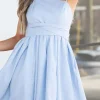 Simple A-Line Spaghetti Straps Light Blue Graduation Dress with Bowknot