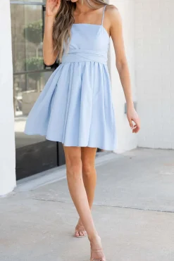 Simple A-Line Spaghetti Straps Light Blue Graduation Dress with Bowknot