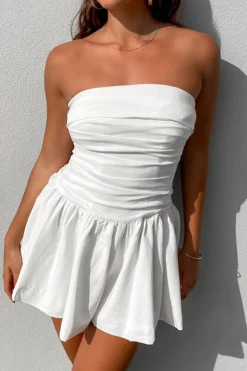 Simple A-Line Strapless Mini Pleaded White Graduation Dress