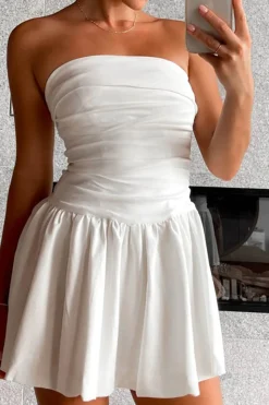Simple A-Line Strapless Mini Pleaded White Graduation Dress