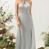 Simple Grey Halter Long Bridesmaid Dress with Slit