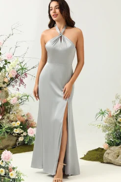 Simple Grey Halter Long Bridesmaid Dress with Slit