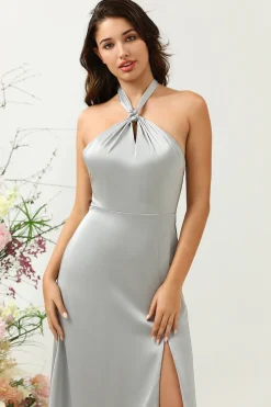 Simple Grey Halter Long Bridesmaid Dress with Slit