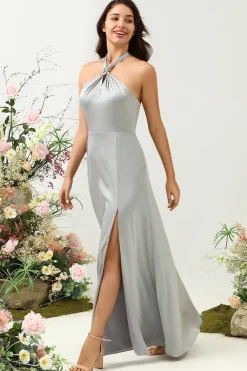 Simple Grey Halter Long Bridesmaid Dress with Slit