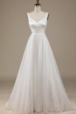 Simple Ivory Organza Scoop Neck Sweep Train Wedding Dress