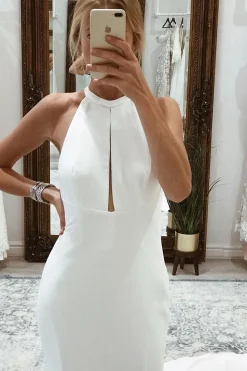 Simple White Halter Open Back Long Wedding Dress