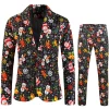 Single Button 3 piece Black Santa Claus Print Men's Christmas Party Suit