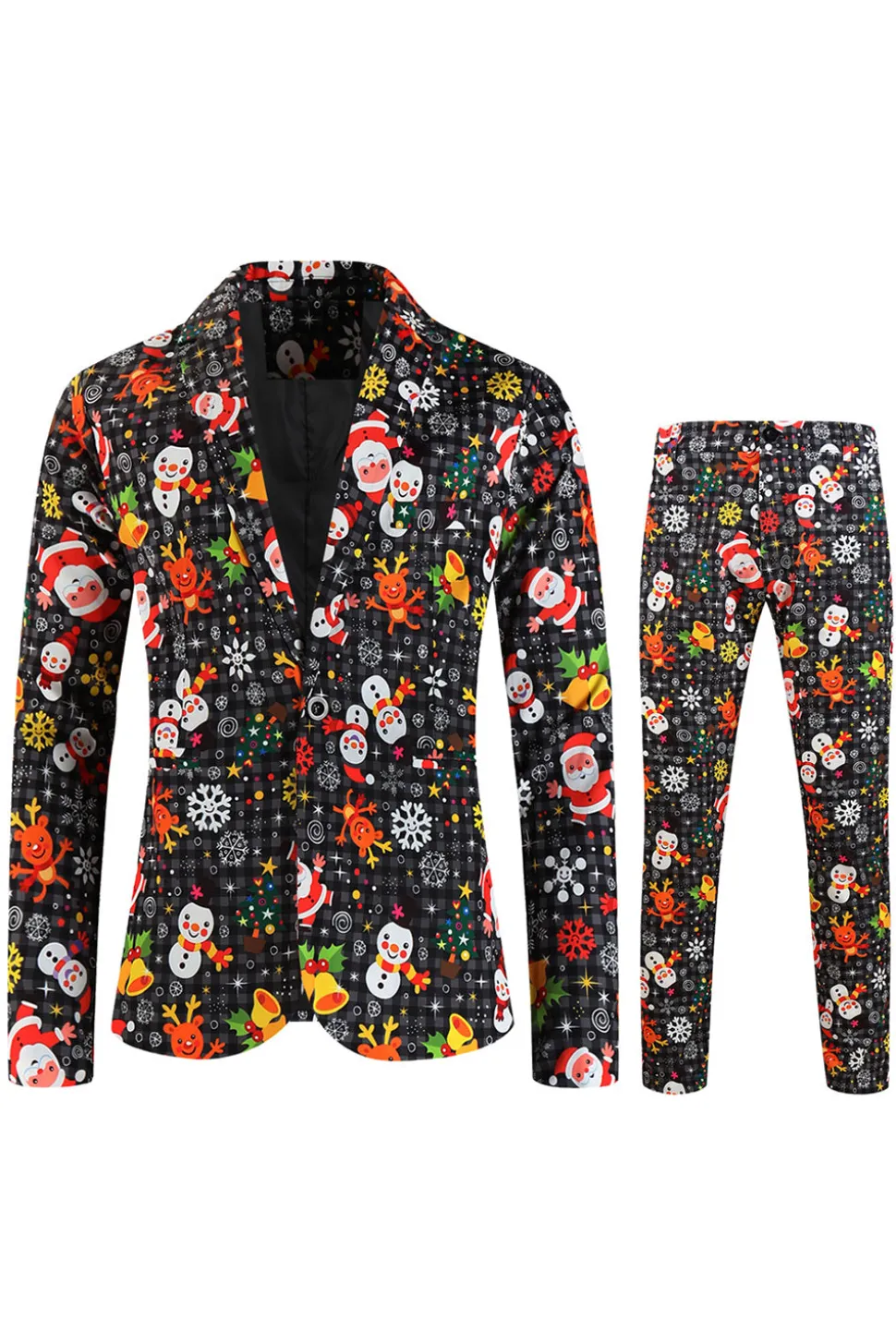 Single Button 3 piece Black Santa Claus Print Men's Christmas Party Suit