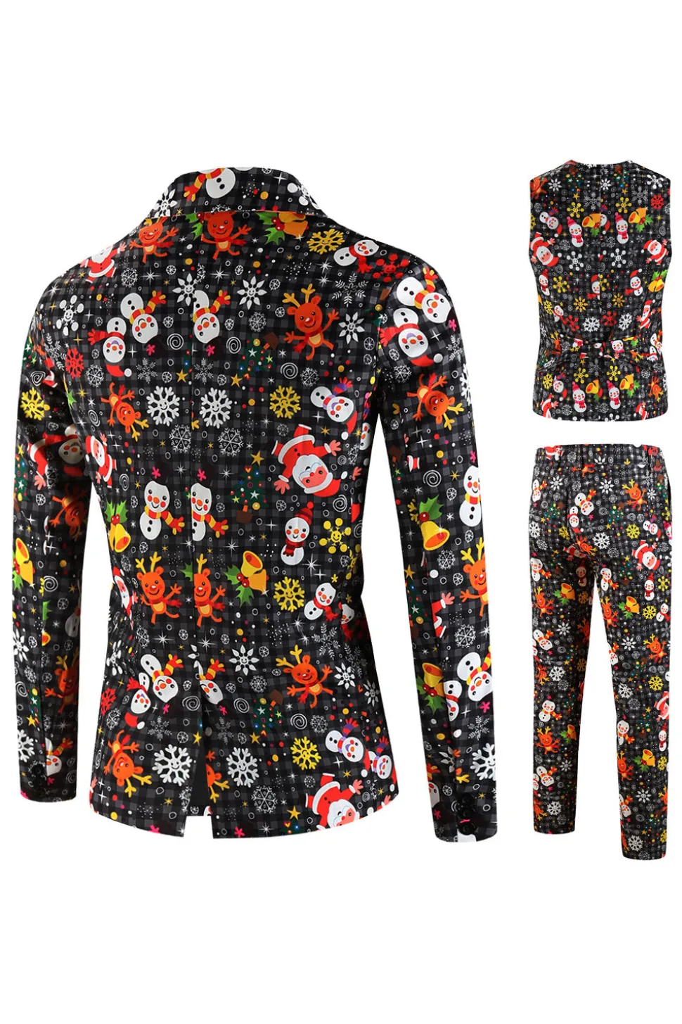 Single Button 3 piece Black Santa Claus Print Men's Christmas Party Suit