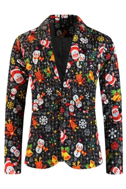 Single Button 3 piece Black Santa Claus Print Men's Christmas Party Suit