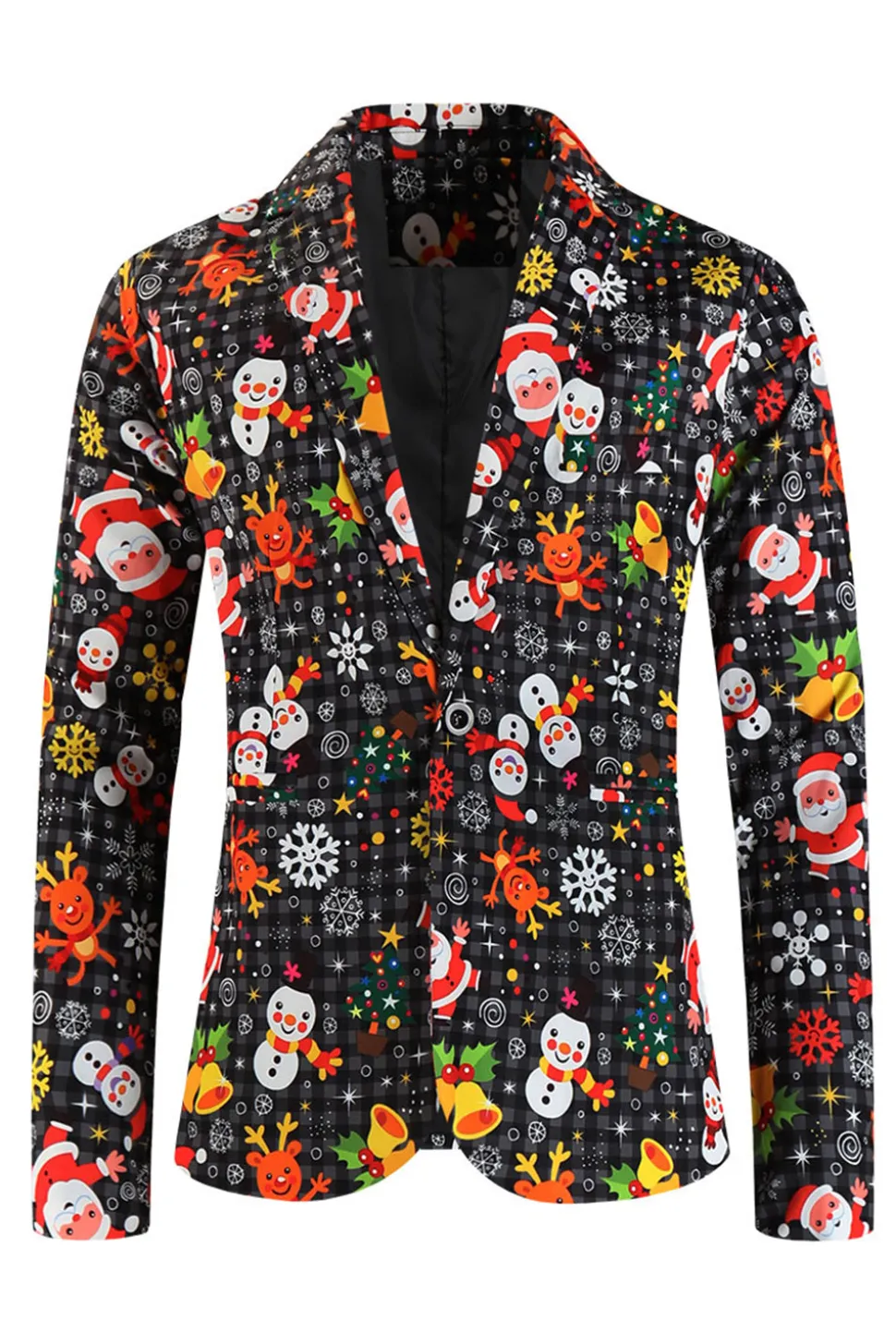 Single Button 3 piece Black Santa Claus Print Men's Christmas Party Suit
