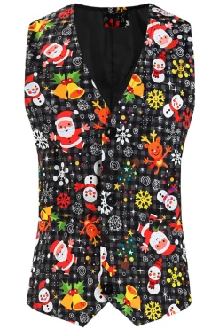 Single Button 3 piece Black Santa Claus Print Men's Christmas Party Suit