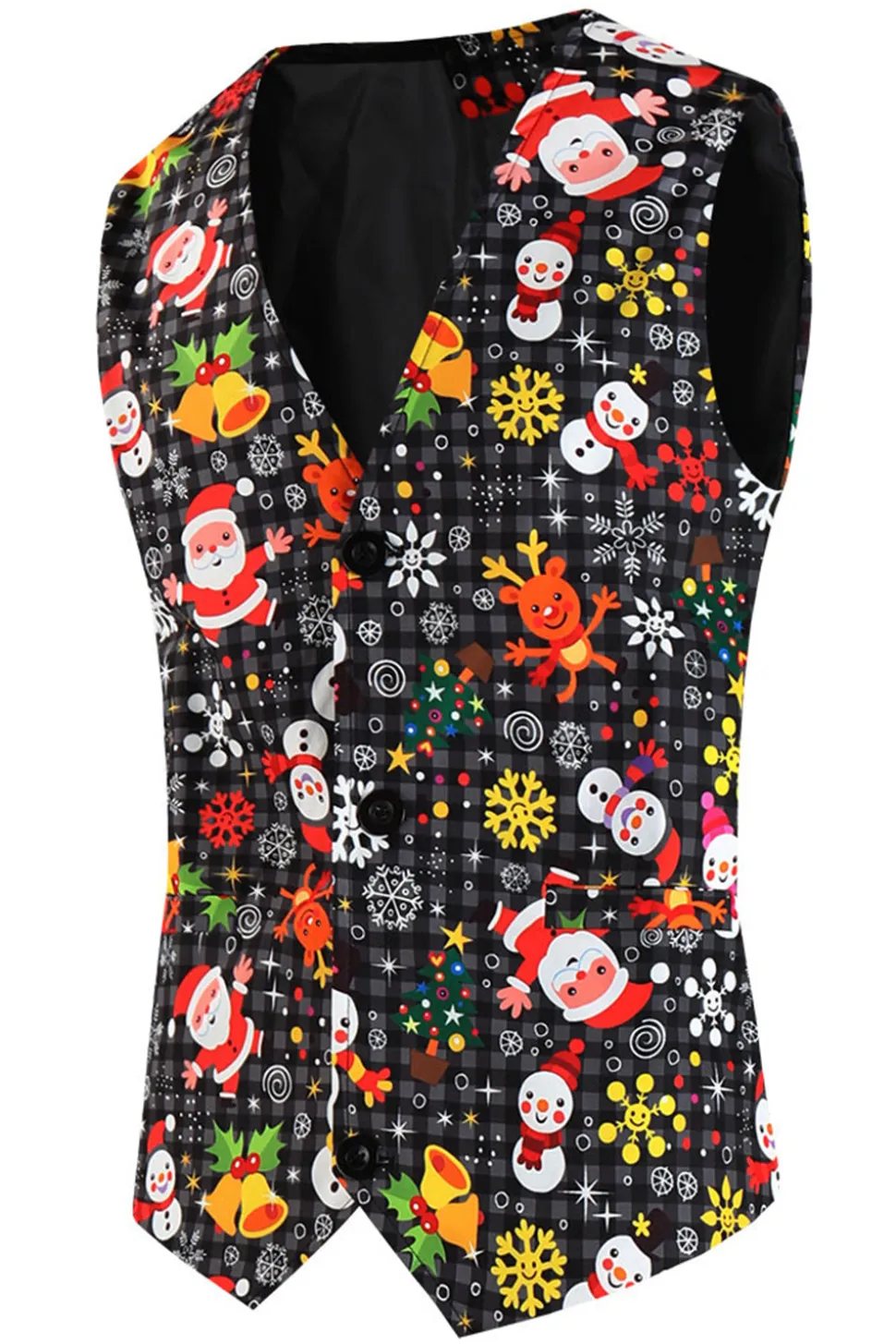 Single Button 3 piece Black Santa Claus Print Men's Christmas Party Suit