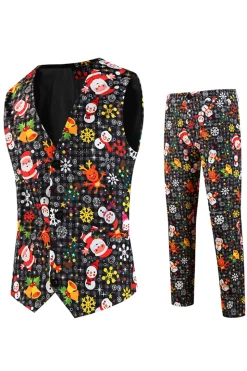 Single Button 3 piece Black Santa Claus Print Men's Christmas Party Suit
