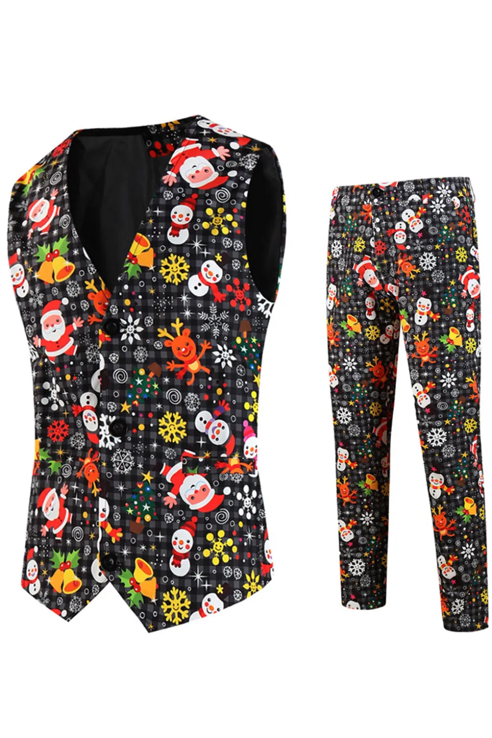 Single Button 3 piece Black Santa Claus Print Men's Christmas Party Suit