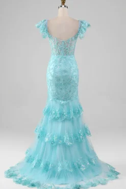 Sky Blue Off the Shoulder Lace and Sequin Mermaid Prom Dress with Slit