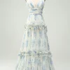 Spaghetti Straps A Line Printed Prom Dress with Ruffles