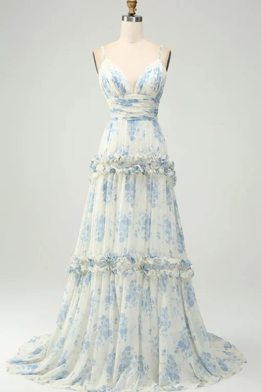 Spaghetti Straps A Line Printed Prom Dress with Ruffles