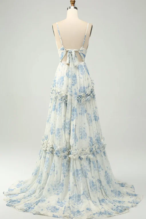 Spaghetti Straps A Line Printed Prom Dress with Ruffles