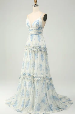 Spaghetti Straps A Line Printed Prom Dress with Ruffles