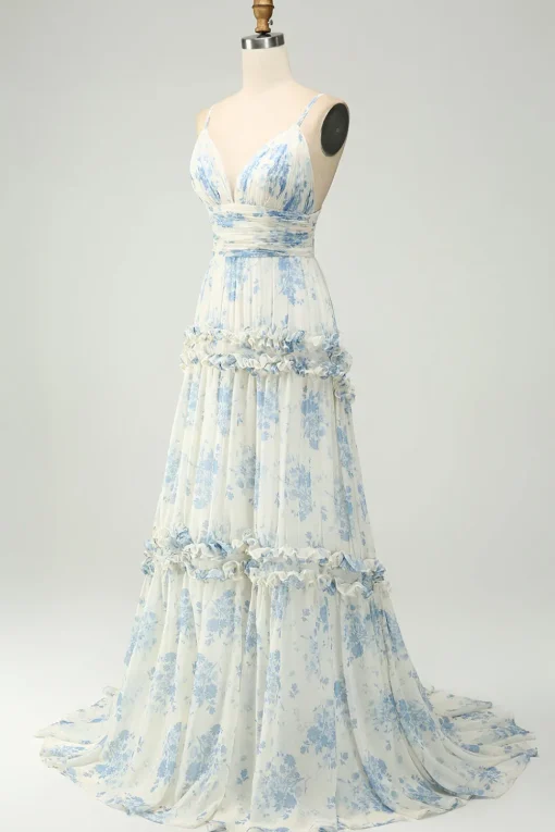 Spaghetti Straps A Line Printed Prom Dress with Ruffles