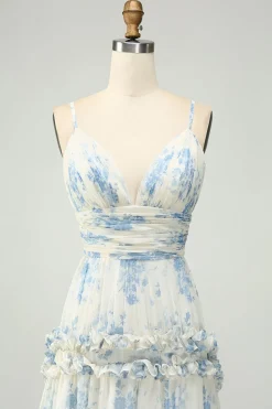 Spaghetti Straps A Line Printed Prom Dress with Ruffles