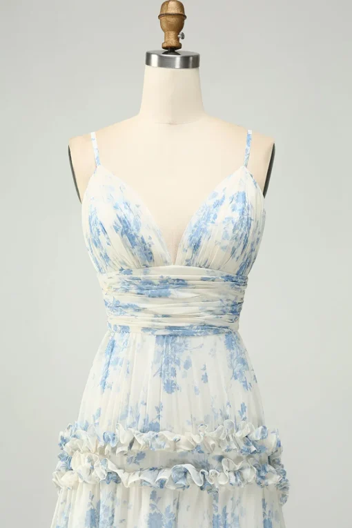 Spaghetti Straps A Line Printed Prom Dress with Ruffles