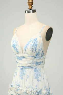Spaghetti Straps A Line Printed Prom Dress with Ruffles