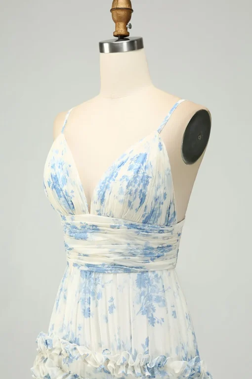 Spaghetti Straps A Line Printed Prom Dress with Ruffles