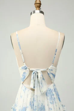 Spaghetti Straps A Line Printed Prom Dress with Ruffles