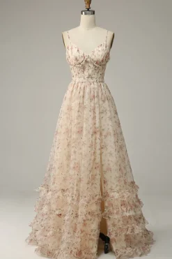 Spaghetti Straps Apricot Print Prom Dress with Slit
