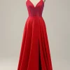 Spaghetti Straps Beaded Red Prom Dress with Slit