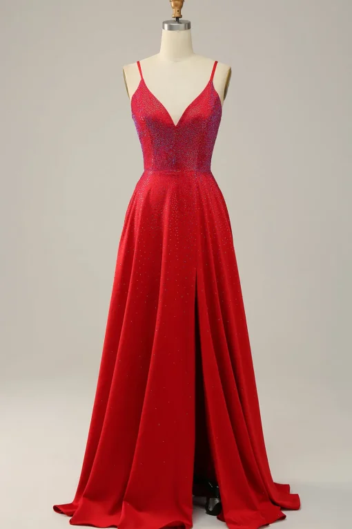 Spaghetti Straps Beaded Red Prom Dress with Slit