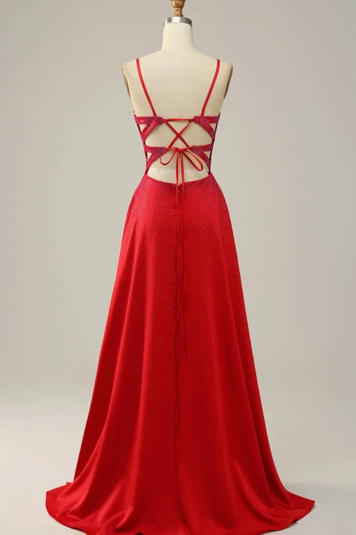 Spaghetti Straps Beaded Red Prom Dress with Slit