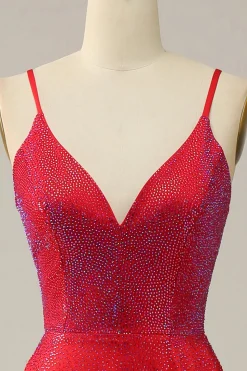Spaghetti Straps Beaded Red Prom Dress with Slit