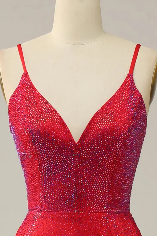 Spaghetti Straps Beaded Red Prom Dress with Slit