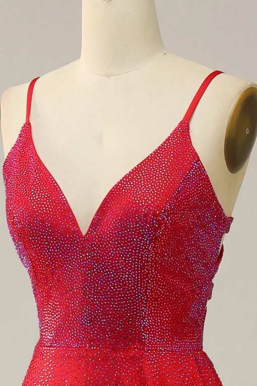 Spaghetti Straps Beaded Red Prom Dress with Slit