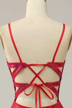 Spaghetti Straps Beaded Red Prom Dress with Slit