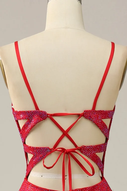 Spaghetti Straps Beaded Red Prom Dress with Slit