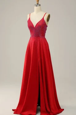 Spaghetti Straps Beaded Red Prom Dress with Slit