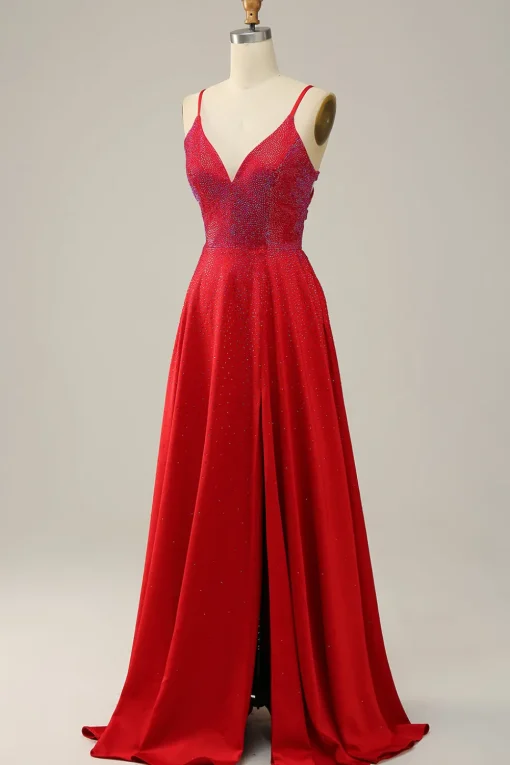 Spaghetti Straps Beaded Red Prom Dress with Slit