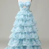Spaghetti Straps Cut Out Tiered Printed Blue Bridesmaid Dress