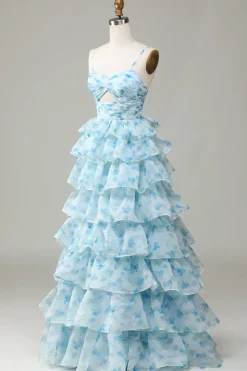 Spaghetti Straps Cut Out Tiered Printed Blue Bridesmaid Dress