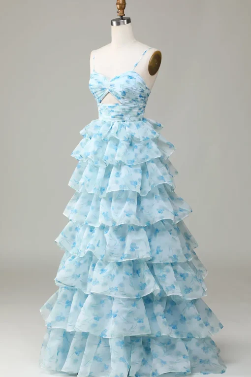 Spaghetti Straps Cut Out Tiered Printed Blue Bridesmaid Dress