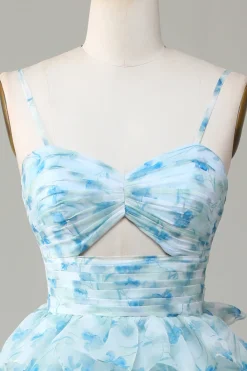 Spaghetti Straps Cut Out Tiered Printed Blue Bridesmaid Dress