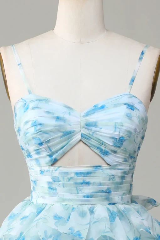 Spaghetti Straps Cut Out Tiered Printed Blue Bridesmaid Dress