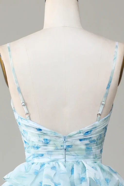 Spaghetti Straps Cut Out Tiered Printed Blue Bridesmaid Dress