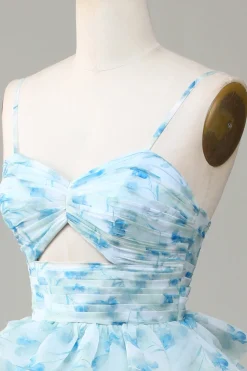 Spaghetti Straps Cut Out Tiered Printed Blue Bridesmaid Dress