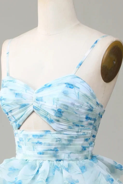 Spaghetti Straps Cut Out Tiered Printed Blue Bridesmaid Dress