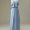 Spaghetti Straps Grey Blue Long Bridesmaid Dress